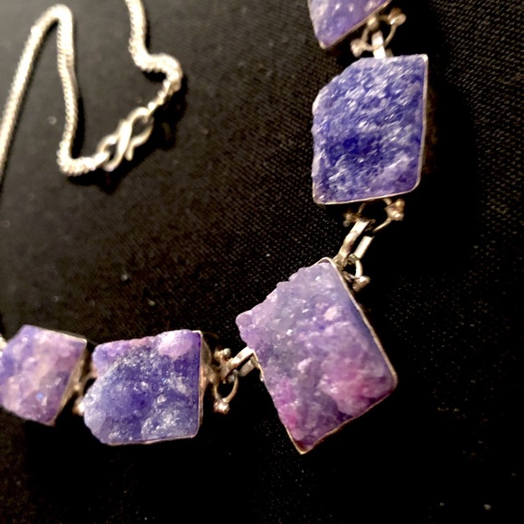 Purple Druzy Stone Necklace silver tone chain NWOT - Picture 3 of 6